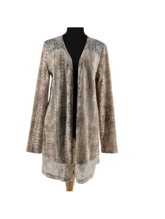 Joseph Ribkoff Sweaters - Joseph Ribkoff cardigan taupe gold lace open front pattern stretch unique sz 8